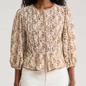 Max Studio Cream Brown Floral Button Down Shirt, Vintage Floral Print Blouse